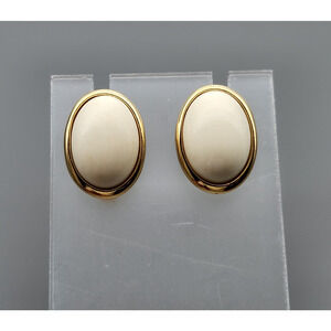 Vintage TRIFARI White Oval Cabochon Clip-On Earrings Gold Trim *Signed